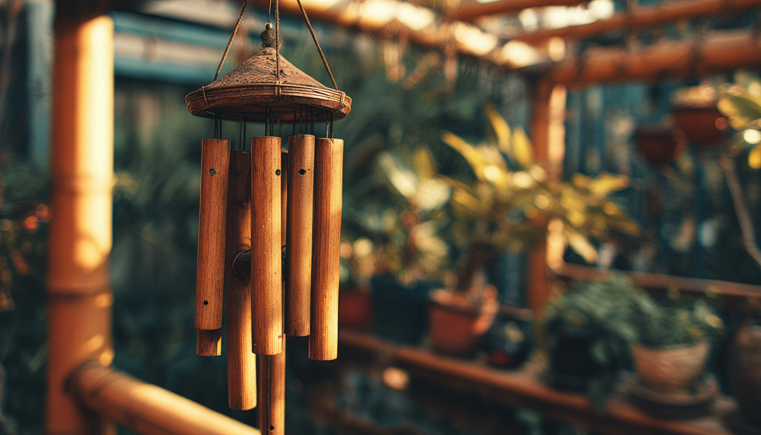 This beautiful bamboo wind chime hangs gracefully in a lush garden, capturing the essence of tranquility. It adds warm ambiance with gentle sounds.